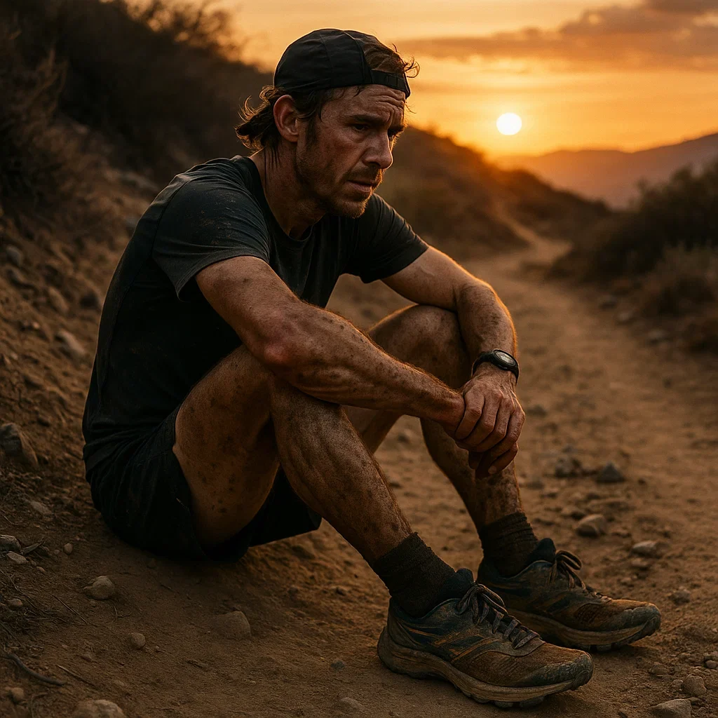 Best Trail Running Shoes for 100 Mile Ultra Marathons – 2025 Guide 5 Fatigued runner with trail shoes resting at mile 90 during a 100-mile ultra marathon.