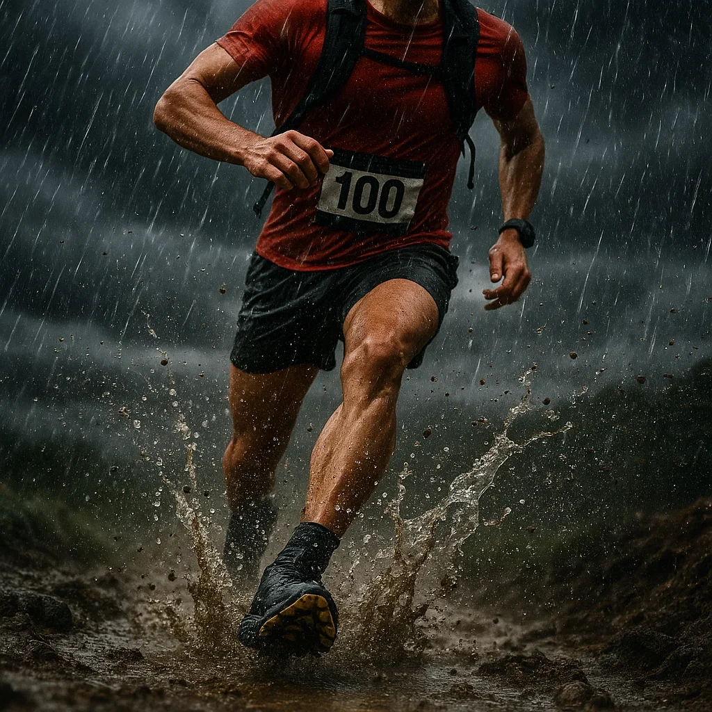 Best Trail Running Shoes for 100K Ultra Marathons – 2025 Guide 5 100K ultra marathon runner in the rain, wearing waterproof trail shoes with great traction.