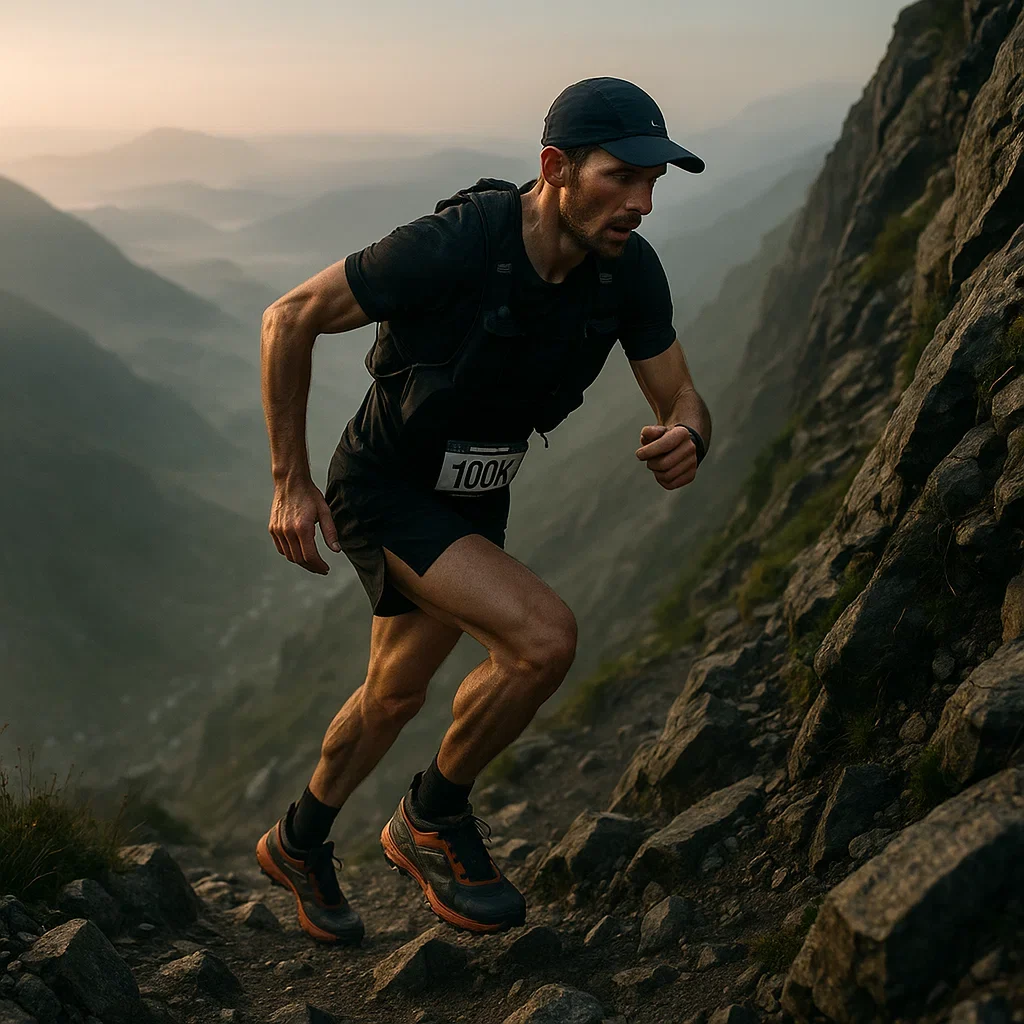Runner on a steep mountain trail during a 100K race, wearing specialized trail shoes.