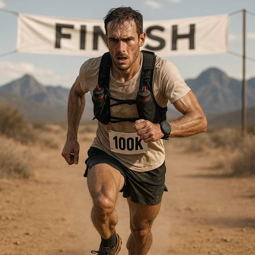 Best Trail Running Shoes for 100K Ultra Marathons – 2025 Guide 4 Ultra runner crossing the finish line of a 100K race, wearing trail shoes for long distances.