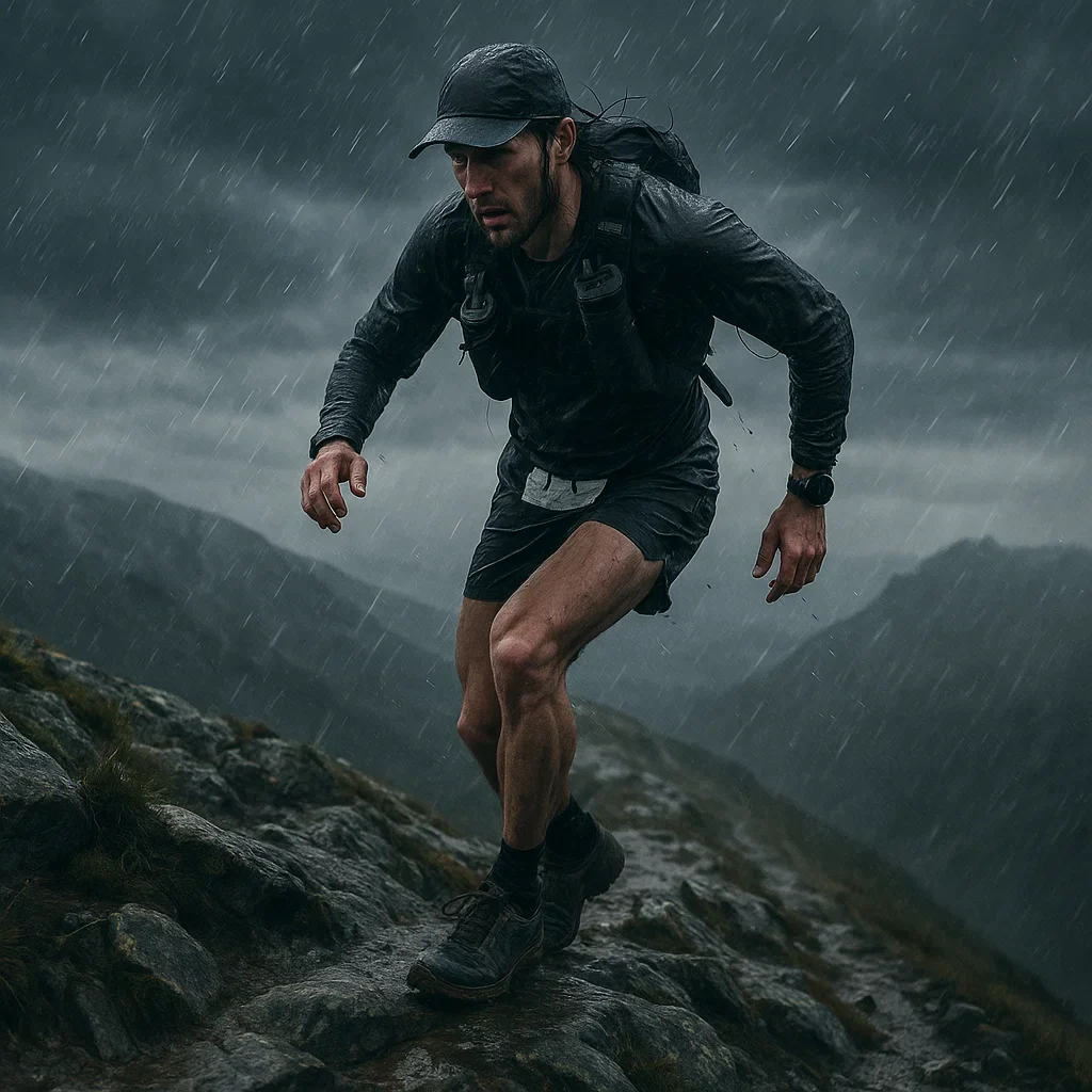 Best Trail Running Shoes for 200 Mile Ultra Marathons – 2025 Introduction 9 Runner in stormy weather wearing trail shoes during a 200K ultra race on a rugged mountain path.