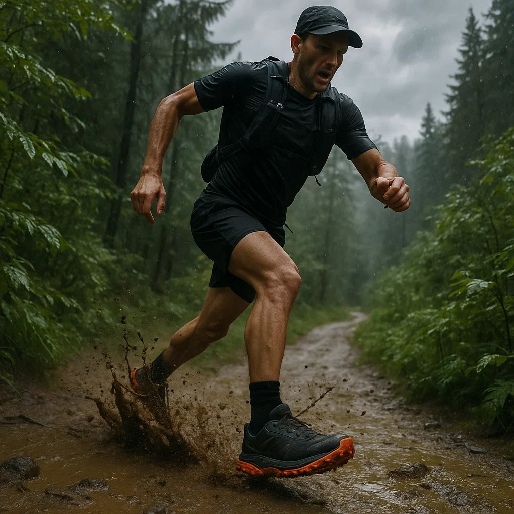 Best Trail Running Shoes for 200K Ultra Marathons 6 Runner wearing waterproof trail shoes in a rainstorm during a 200K ultra marathon.
