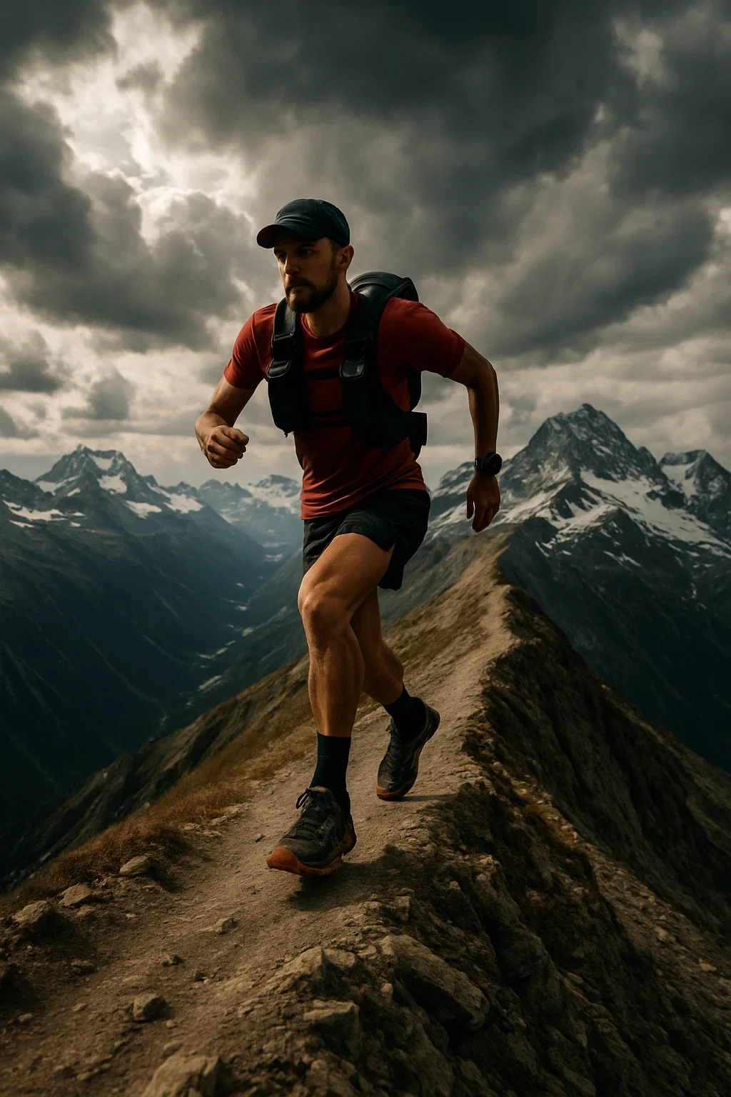 Ultra runner wearing 200K-capable trail shoes on an alpine ridge in dramatic mountain scenery.