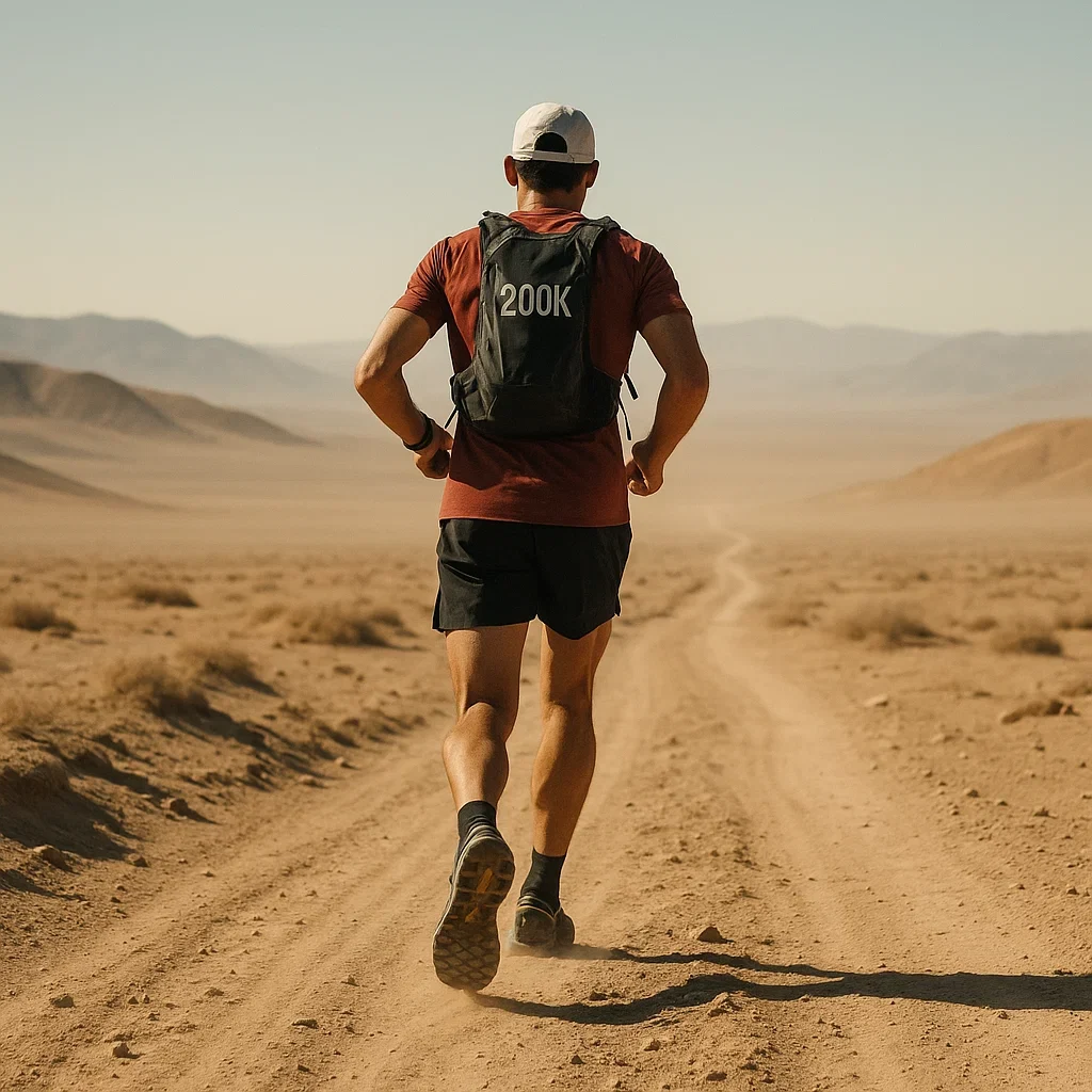Runner wearing trail shoes on a dusty desert trail during a 200K ultra marathon.