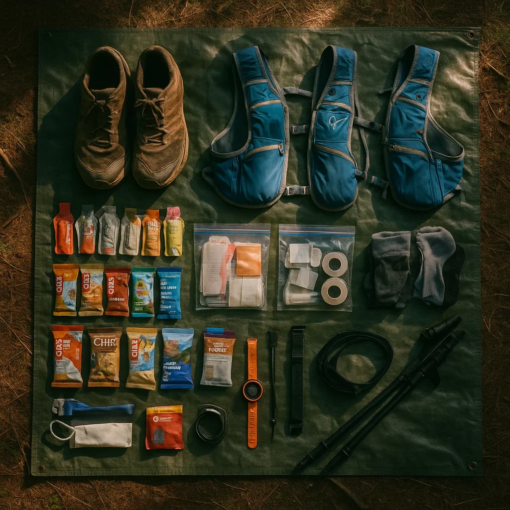 Best Trail Running Shoes for 200 Mile Ultra Marathons – 2025 Introduction 8 Trail shoes and gear spread at base camp during a 200K multi-day trail ultra.