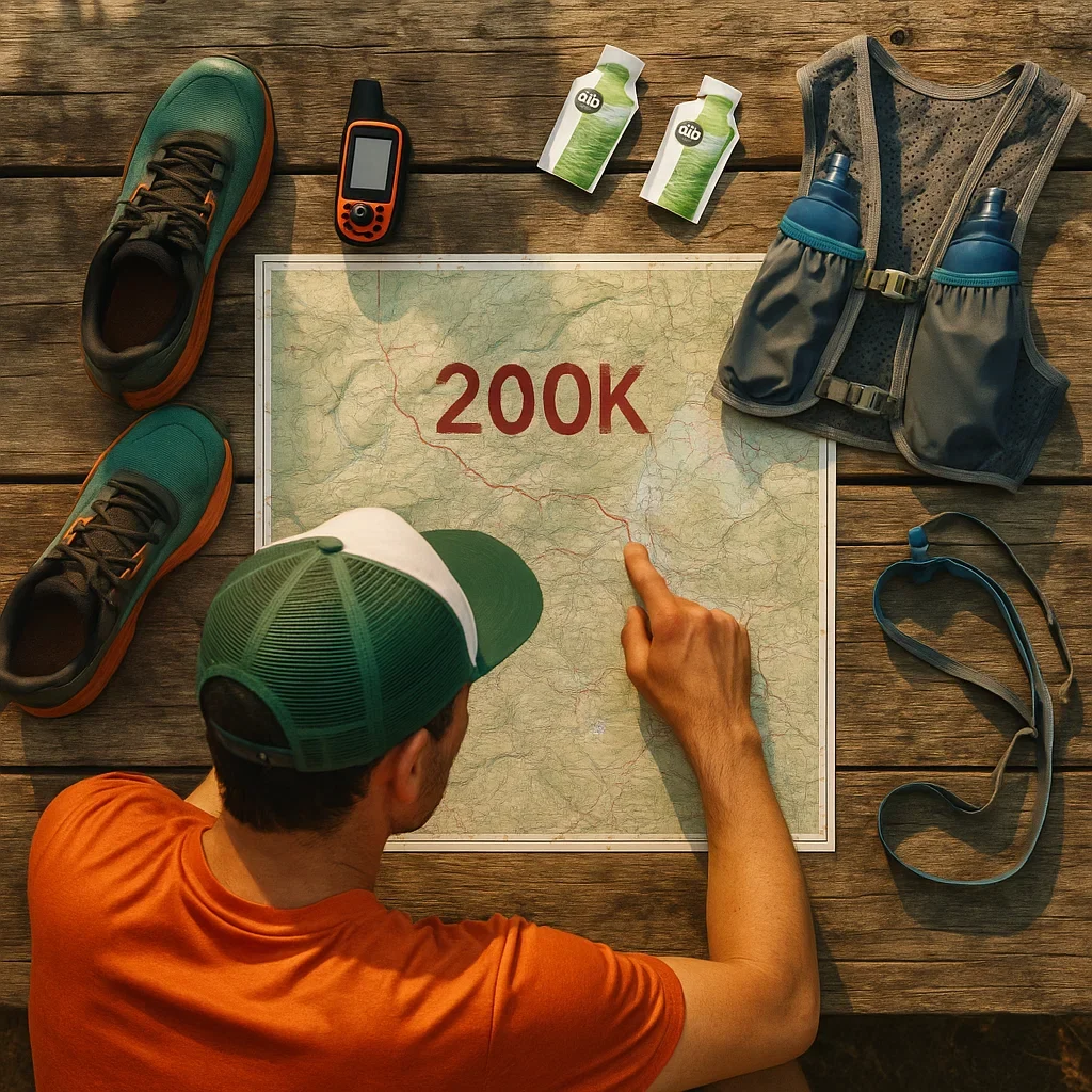 Best Trail Running Shoes for 200K Ultra Marathons 4 Trail runner planning a 200K route with gear and trail shoes on a wooden table.