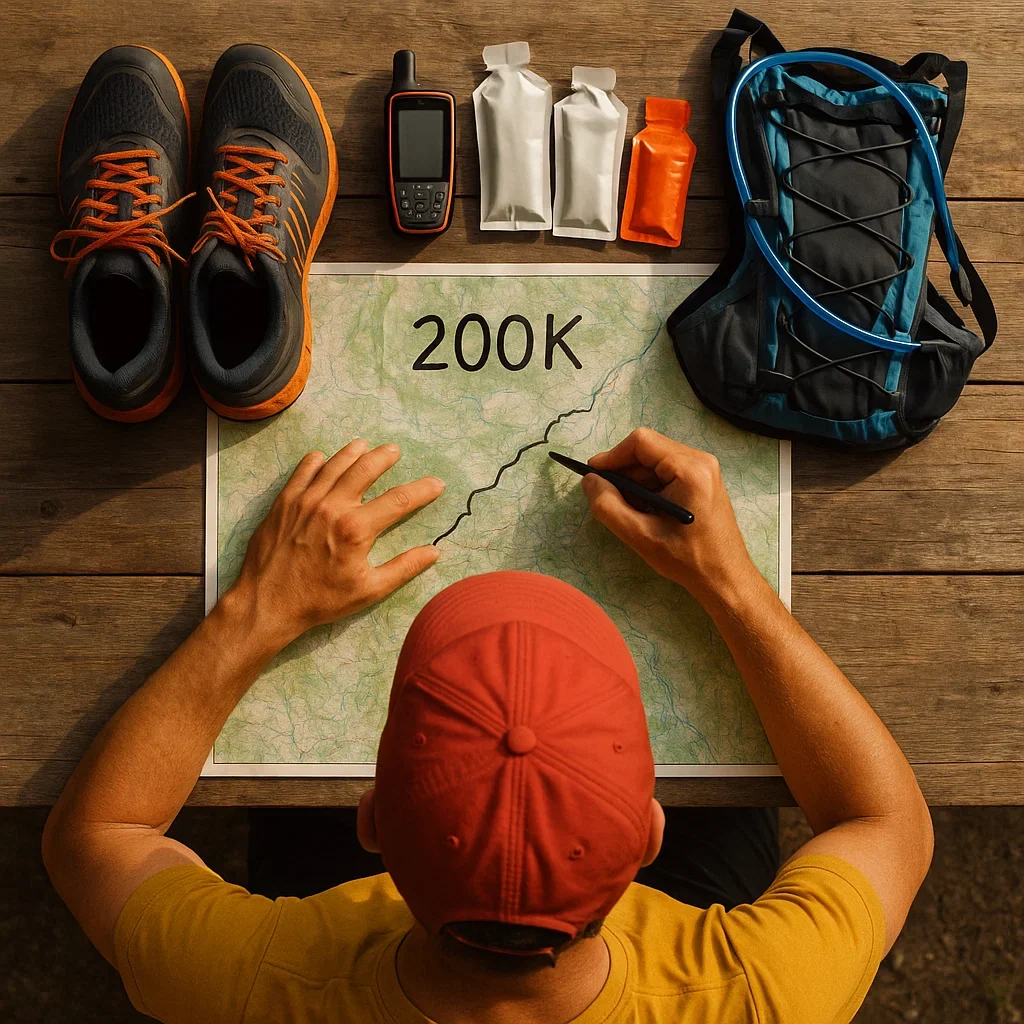 Best Trail Running Shoes for 200K Ultra Marathons 5 Trail runner’s gear layout for a 200K race, with trail shoes and navigation tools on a planning map.