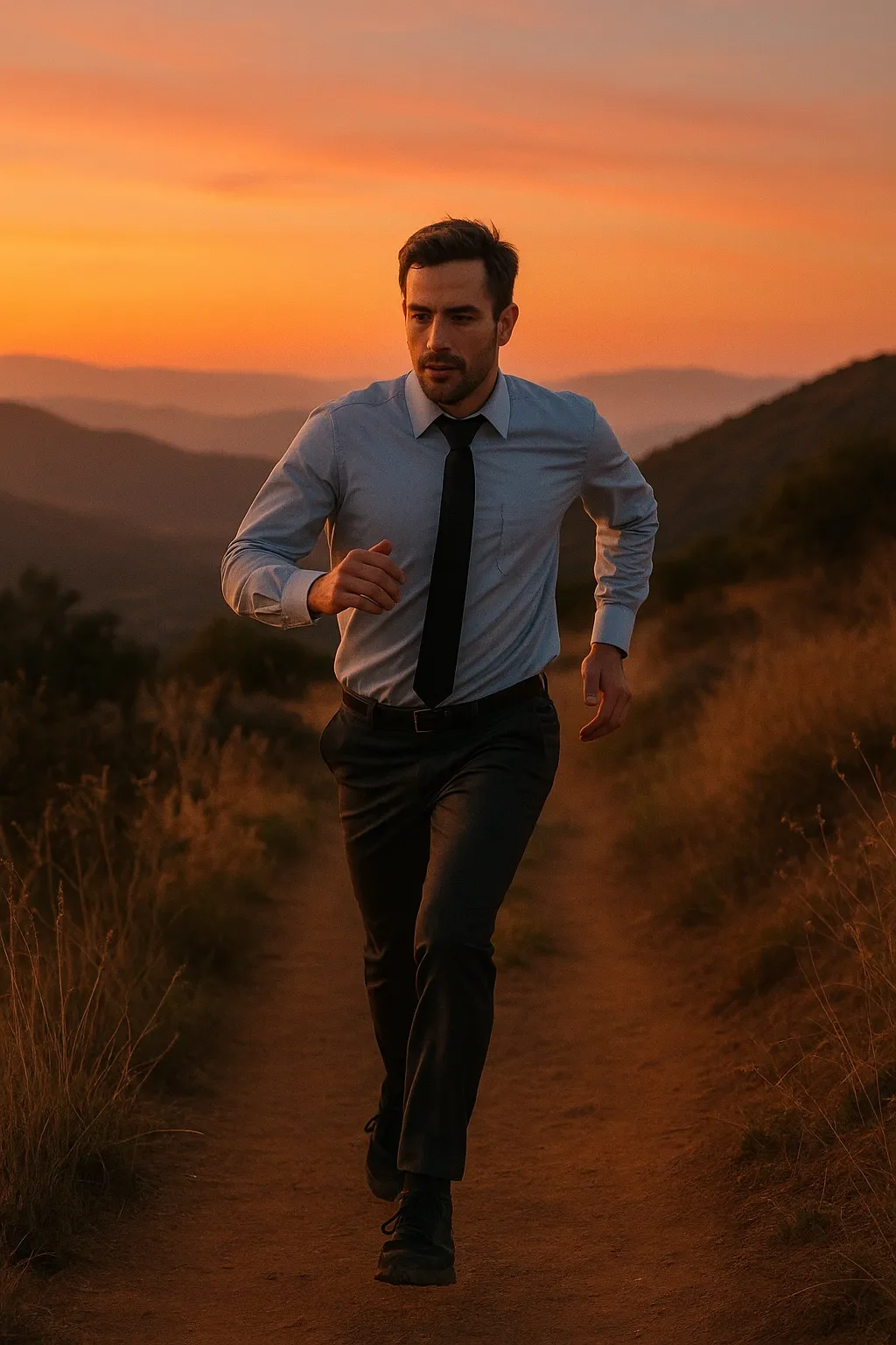 Runner in office clothes training on a mountain trail after work