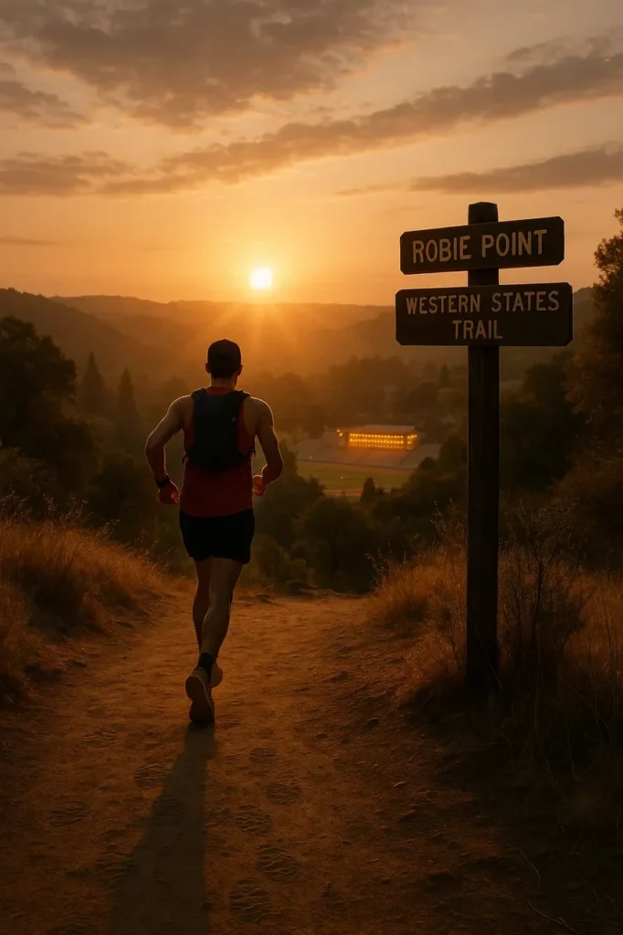 Western States 100 2025 🏔️ Jim Walmsley Returns, Epic Showdown Awaits 6 A wide cinematic shot of a single trail runner entering the sunrise at Robie Point Western States Trail sign in view Placer High School stadium glowing in the distance dusty trail footprints behind Western States 100 2025,Jim Walmsley Western States 2025 comeback,Western States 100 elite runners preview,WS100 2025 course strategy and aid stations,Western States 100 race history and elevation