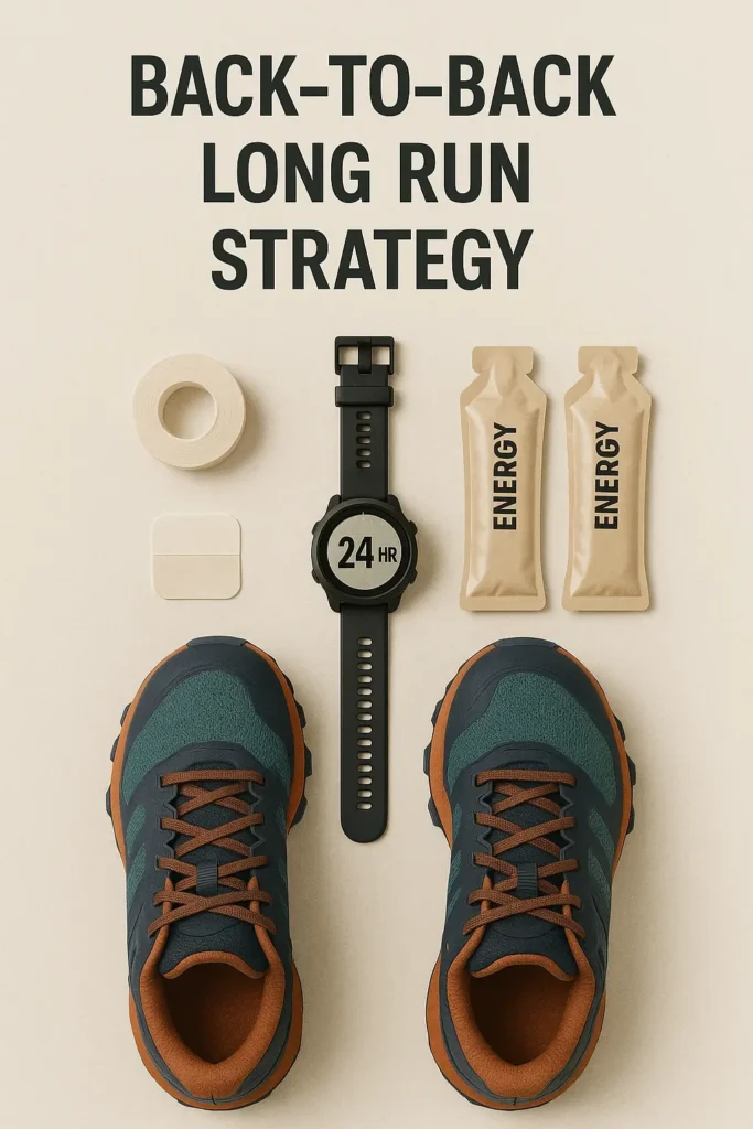 🥵 Back-to-Back Long Runs: The Ultimate Ultramarathon Training Tool 3 Back-to-back long run strategy illustration: trail shoes, nutrition gels, blister tape, watch showing 24-hour gap, minimalist layout with flat lay gear