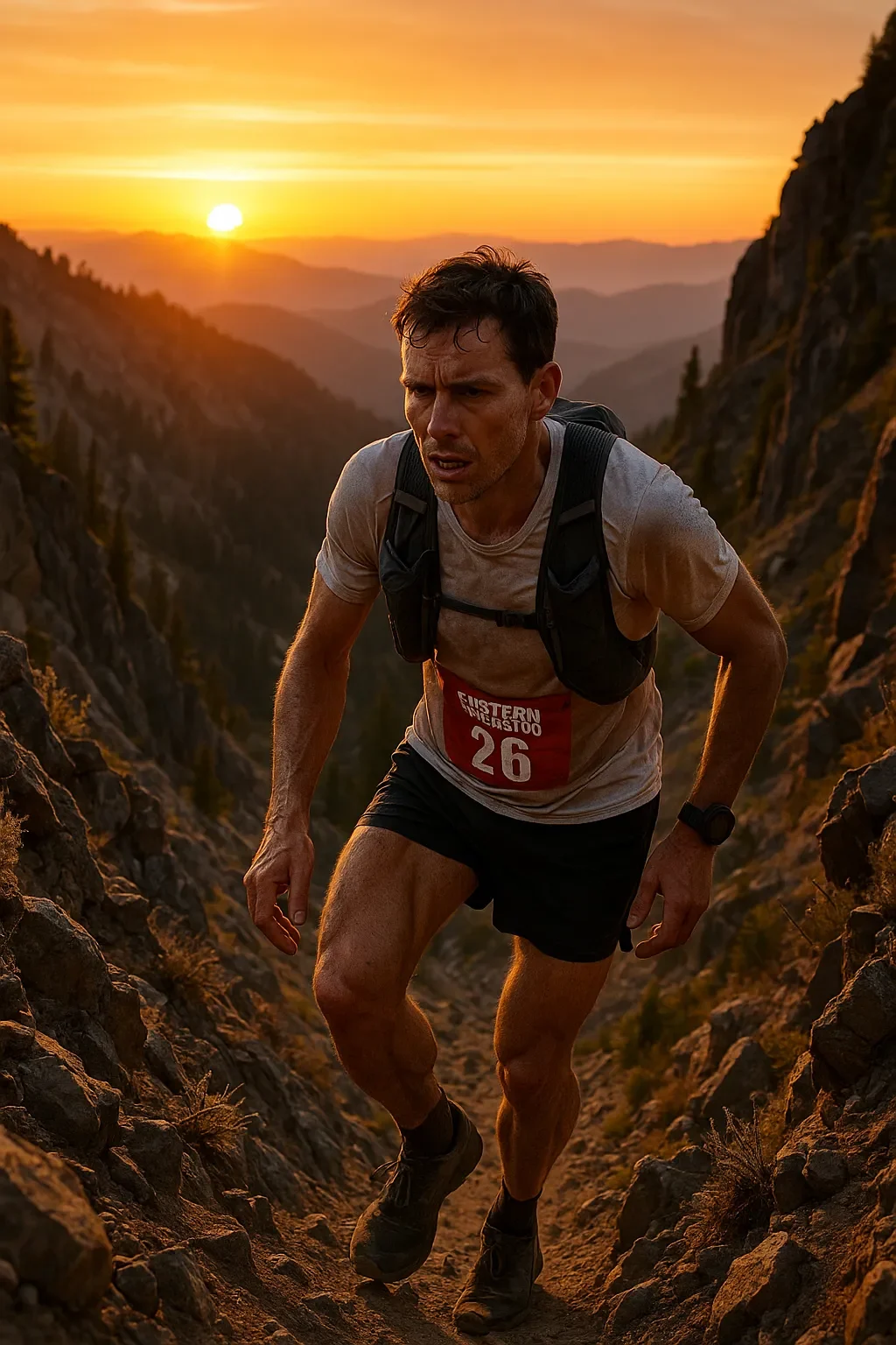 Elite ultrarunner ascending Emigrant Pass at sunrise during Western States 100 2025.