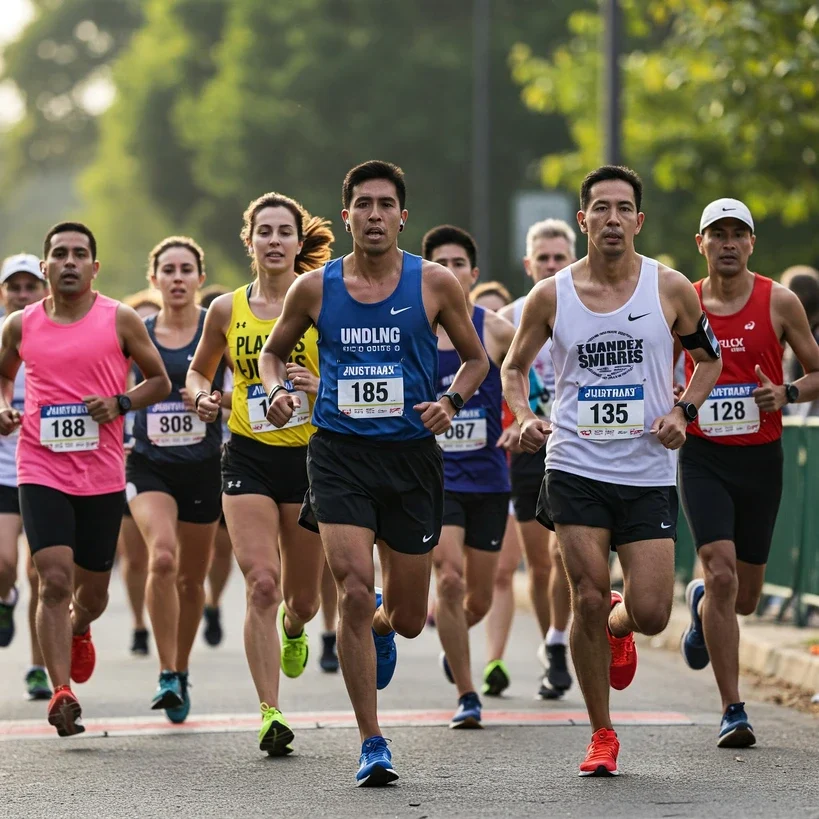 A group of runners sprinting towards the finish line of a 5K road race, captured in dynamic motion under a bright morning sky, showcasing speed, excitement, and road racing energy.