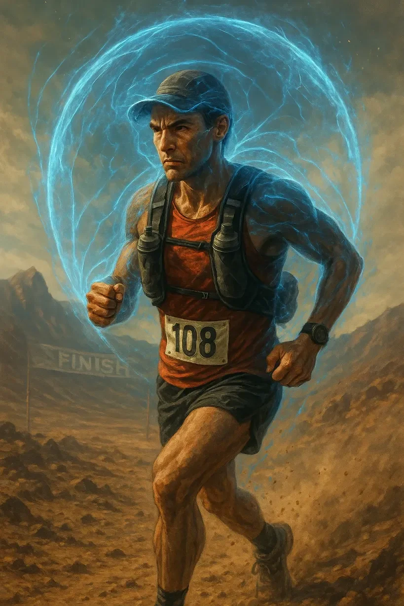 motivational image of a runner in the midst of an ultramarathon race, with a determined look on their face. The background should show a tough terrain, such as mountains or a desert. The image should depict a mental focus or inner strength, perhaps symbolized by an invisible shield or energy field surrounding the runner, signifying mental toughness. Include visual elements of challenge and triumph, with a faint imagery of a finish line in the background to represent perseverance