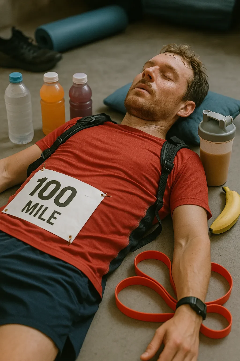 runner lying on the ground after completing a 100-mile race, surrounded by elements representing recovery: a water bottle, electrolyte drinks, stretching bands, and a recovery meal