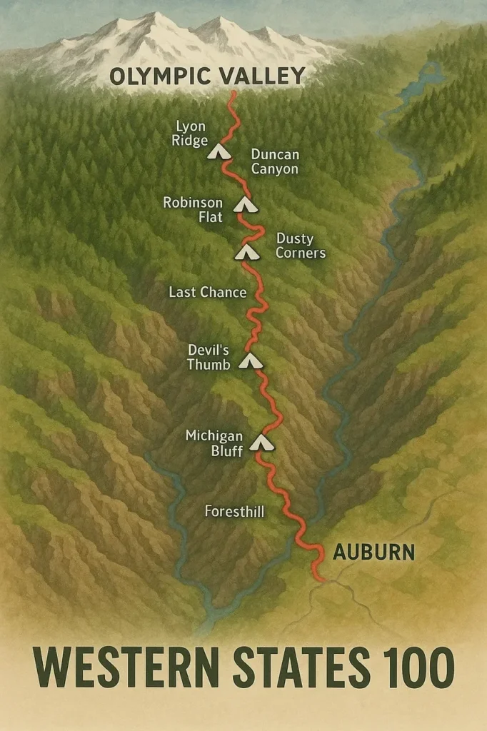Western States 100 2025 🏔️ Jim Walmsley Returns, Epic Showdown Awaits 3 Western States 100 course elevation and aid station map from Olympic Valley to Auburn, 2025 route.