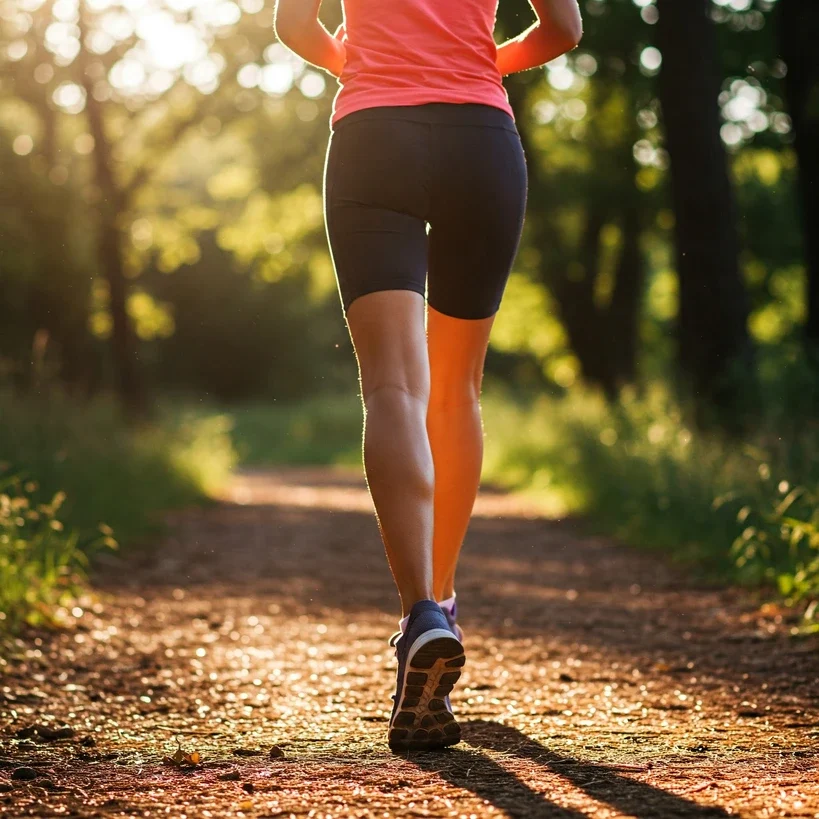 A close-up of a runner’s legs and posture during a stride on a scenic trail, highlighting perfect running form, light ground contact, and efficient forward momentum.