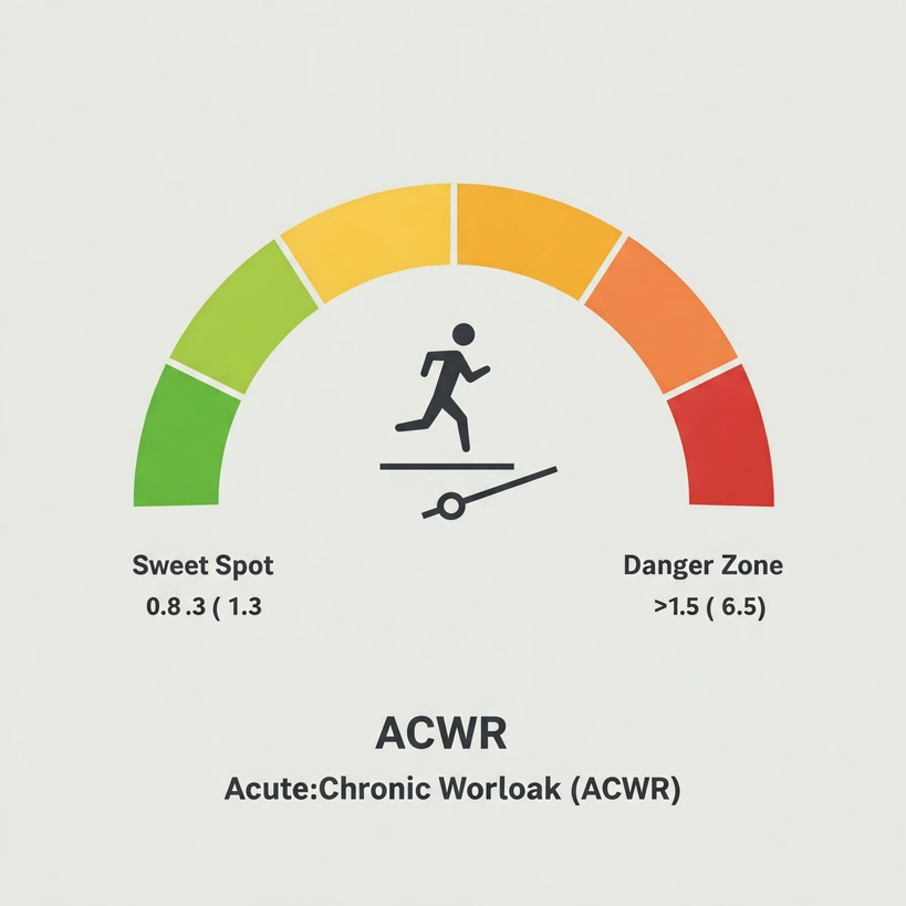 Ultimate TRIMP Guide: Training Impulse for Runners Explained 6 Infographic style gauge or dashboard visualizing the Acute:Chronic Workload Ratio (ACWR). Clearly show zones labeled 'Sweet Spot' (0.8-1.3, green), 'Caution Zone' (1.3-1.5, yellow), and 'Danger Zone' (>1.5, red). Include a small runner icon indicator pointing towards the 'Danger Zone'. Focus on clarity and data visualization, minimalist design.