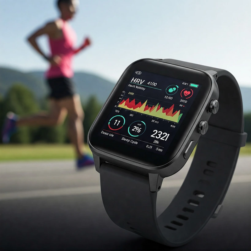 AI for Runners Sourcebook 2025: Training, Tech & Analysis 10 Close-up of running smartwatch displaying HRV and sleep cycle data charts for AI recovery analysis.