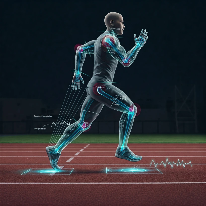 AI for Runners Sourcebook 2025: Training, Tech & Analysis 9 Illustration of AI gait analysis showing runner with biomechanics overlays for form correction.
