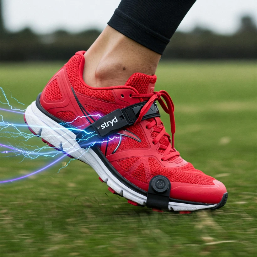 AI for Runners Sourcebook 2025: Training, Tech & Analysis 7 Runner's shoe with Stryd footpod sensor measuring running power with energy visualization.
