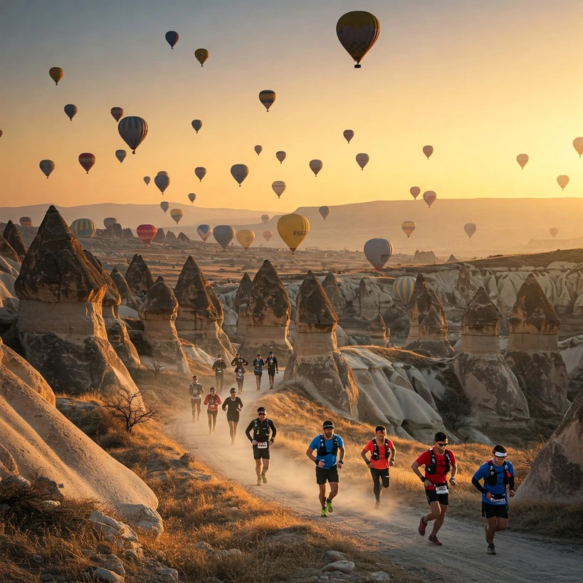 Panoramic view of several trail runners spread out along a high plateau trail in Cappadocia, overlooking vast valleys filled with fairy chimneys under a clear blue sky. Sense of scale and adventure. Photorealistic, vibrant colors.