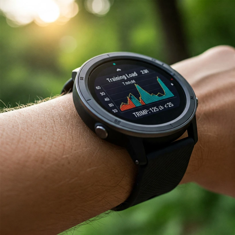 Ultimate TRIMP Guide: Training Impulse for Runners Explained 5 Close-up, slightly angled photo of a modern GPS sports watch on a runner's wrist during an outdoor run (blurred natural background). The watch face clearly displays a training load graph trending upwards or a TRIMP score (e.g., 'TRIMP: 125'). Focus on the technology integrating with the run. Realistic, slightly dramatic lighting.