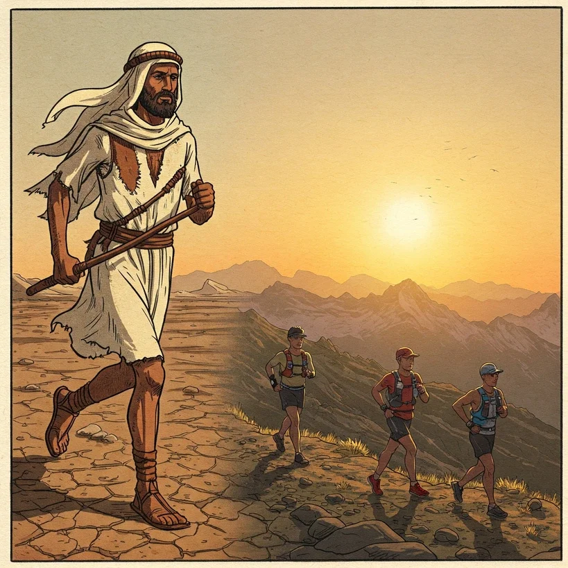 A vintage illustration showing an ancient endurance runner crossing vast desert landscapes, blending into modern trail runners in alpine mountains, with a sunrise backdrop.