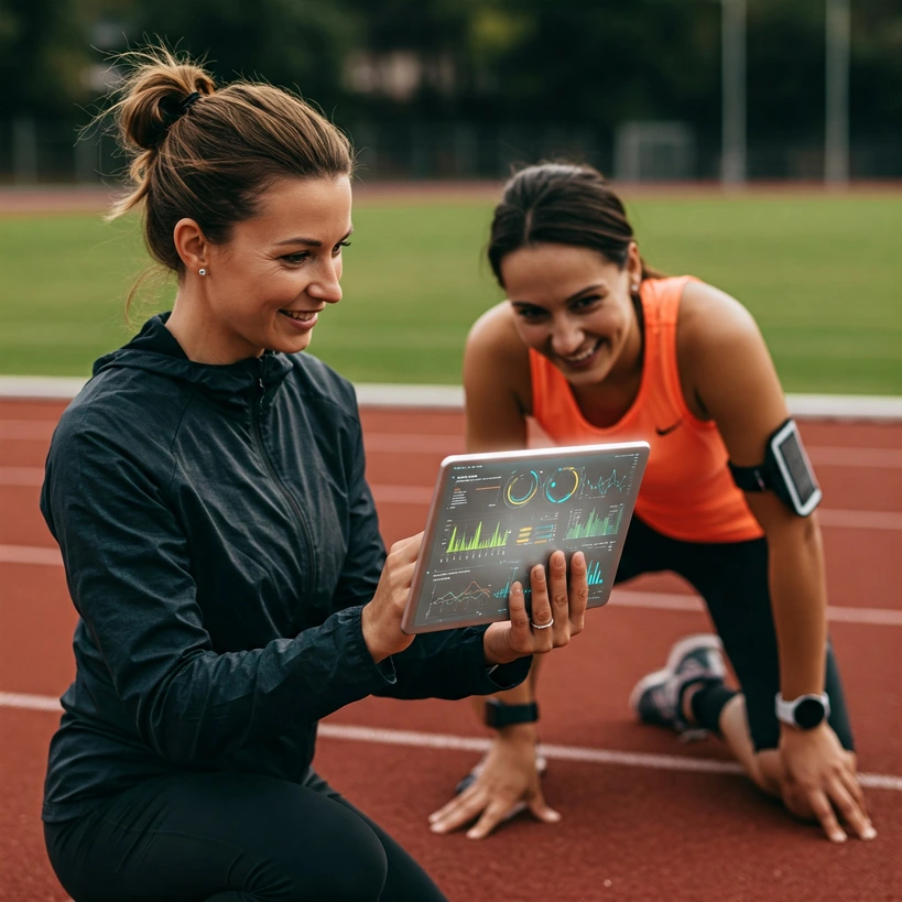 Running coach and athlete collaborating using a tablet displaying AI running data analysis.