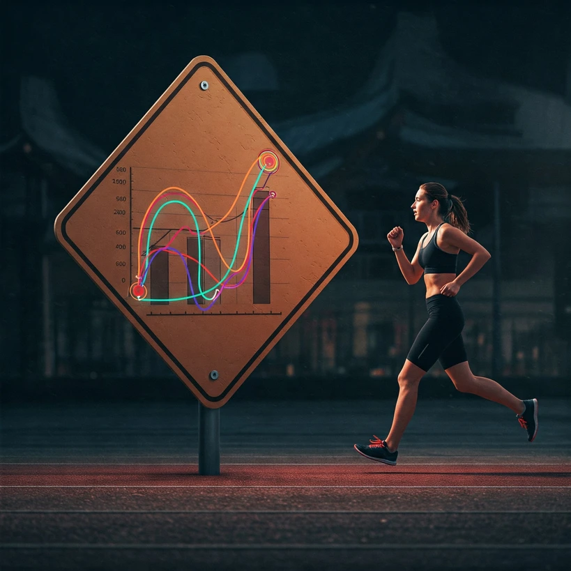 AI for Runners Sourcebook 2025: Training, Tech & Analysis 5 Conceptual image of a runner facing a caution sign graph, representing the limitations of AI injury prediction.