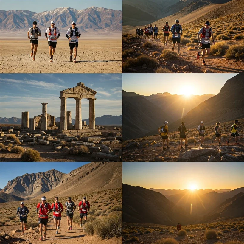 A dynamic, cinematic collage showing iconic ultramarathon scenes: runners crossing deserts (Badwater), climbing snowy peaks (UTMB), ancient ruins (Spartathlon), and wild mountain trails (Hardrock), all under a rising sun.
