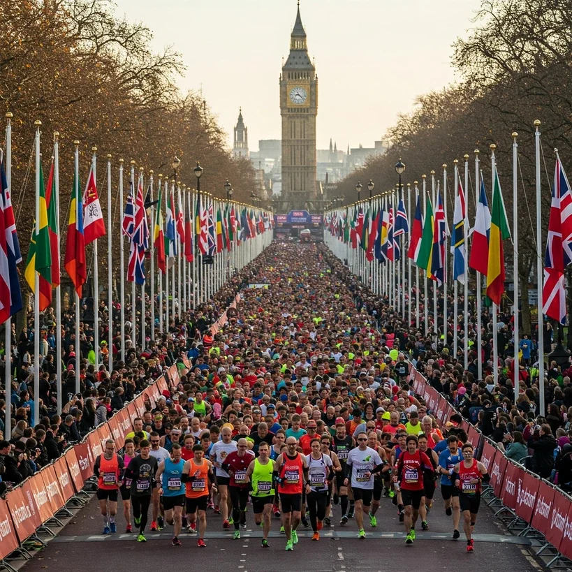 A vibrant photo of thousands of runners crossing a marathon start line in a world-famous city (Boston, New York, London), colorful bibs and international flags in the background, symbolizing global marathon spirit.