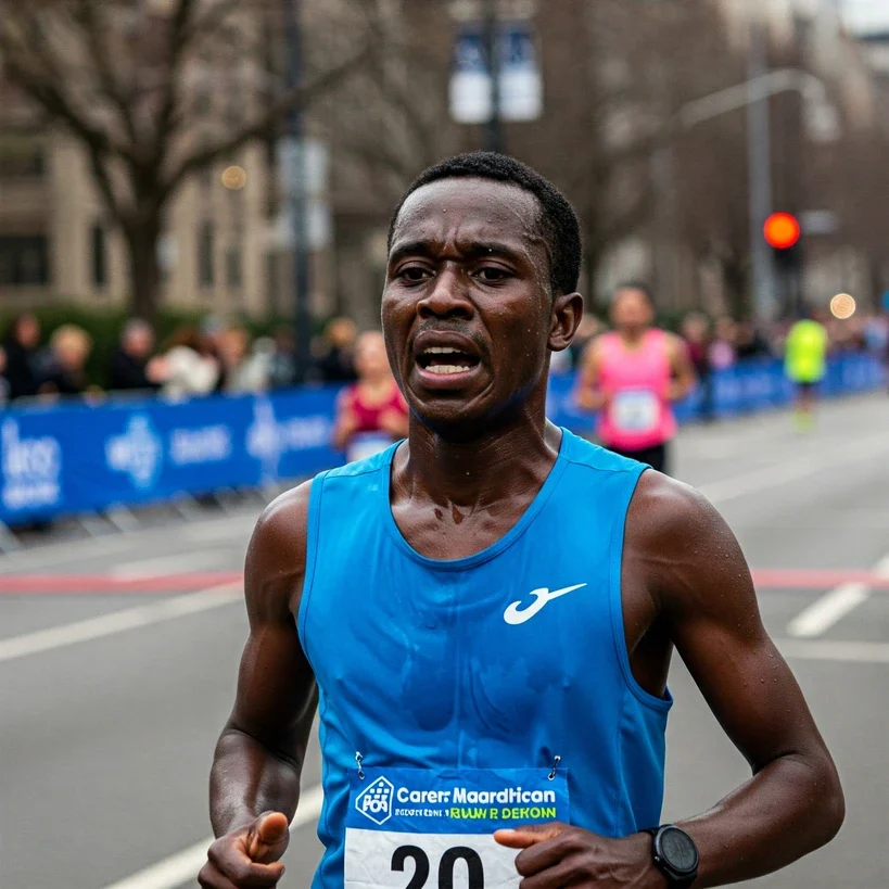 A marathon runner crossing the 20-mile marker looking focused but fatigued, symbolizing the critical phase of marathon endurance, captured during a city marathon event.