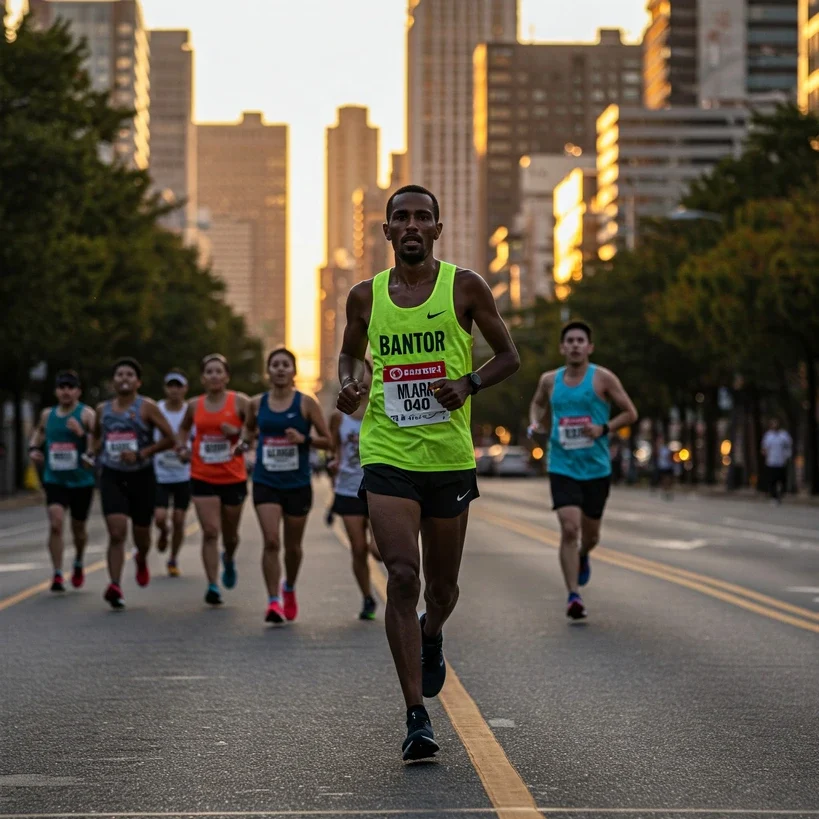 A determined marathon runner leading a pack on a wide urban avenue during a major road race, sunrise in the background, capturing the intensity and precision of marathon and road racing.