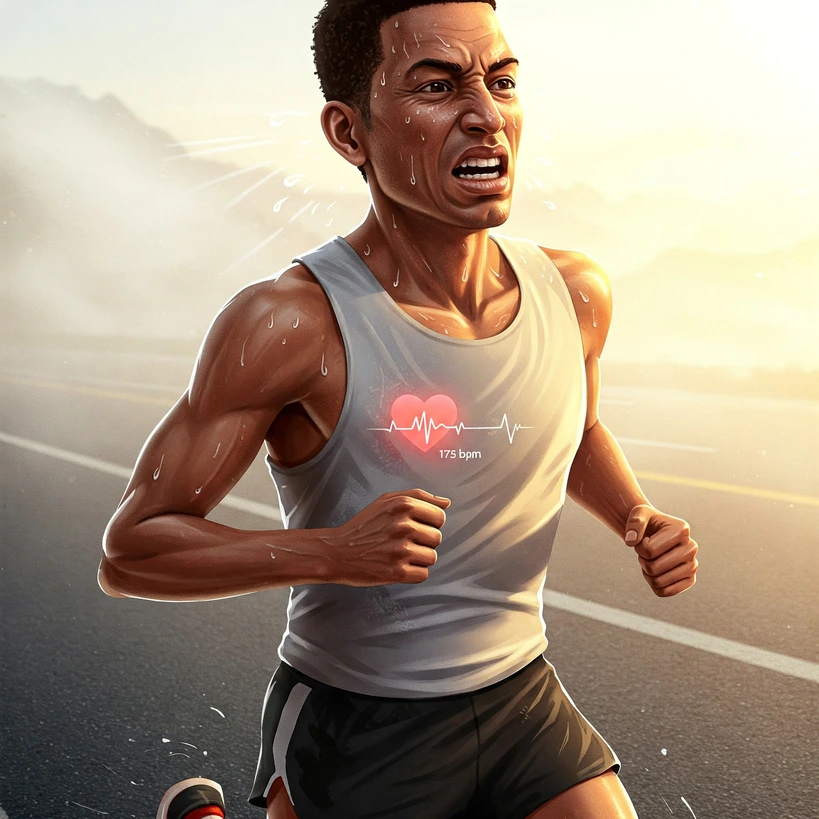 Ultimate TRIMP Guide: Training Impulse for Runners Explained 4 Realistic illustration of a determined marathon runner visibly sweating and straining while running under a bright, hot sun on an asphalt road, maybe with heat haze effect. Subtly include a small, semi-transparent overlay graphic near their chest showing a high heart rate number (e.g., 175 bpm). Emphasize the environmental stress and effort.