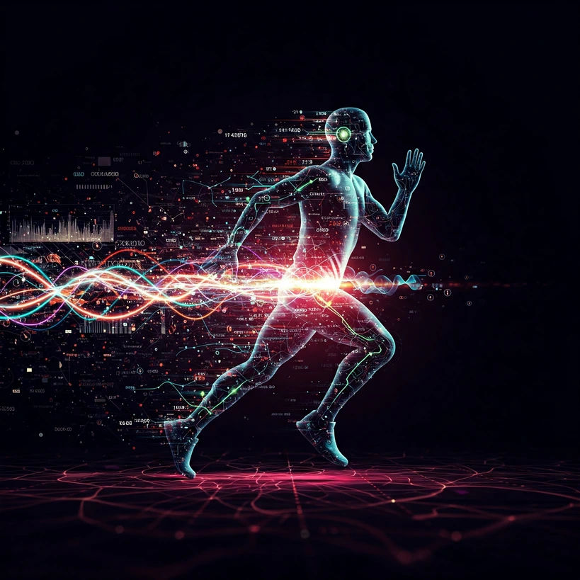 AI for Runners Sourcebook 2025: Training, Tech & Analysis 4 Concept art of future running technology with smart clothing and advanced AI sensors.