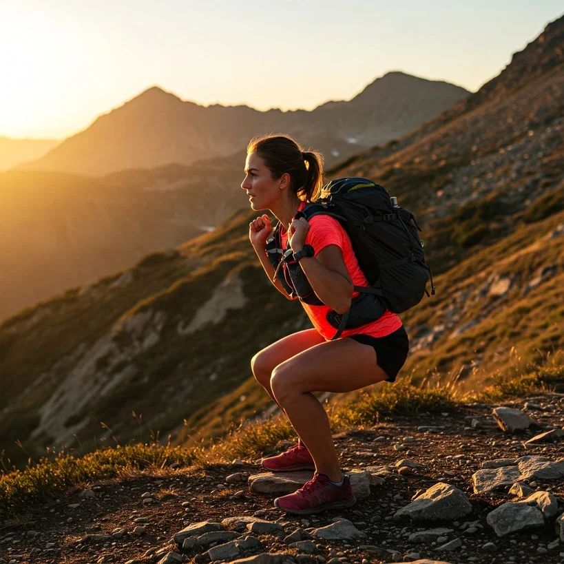 A mountain trail runner performing squats with a weighted backpack at sunrise, surrounded by rugged trails and rocks, symbolizing strength & conditioning for ultrarunners.
