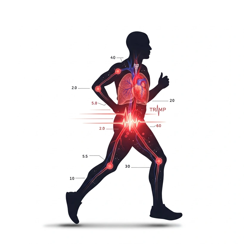 Stylized illustration showing the silhouette of a marathon runner mid-stride. Overlaying the silhouette, visualize internal physiological stress: a glowing, detailed heart beating rapidly, lungs working, perhaps subtle abstract energy lines indicating high internal load (TRIMP). Clean, modern, informative style, white background.