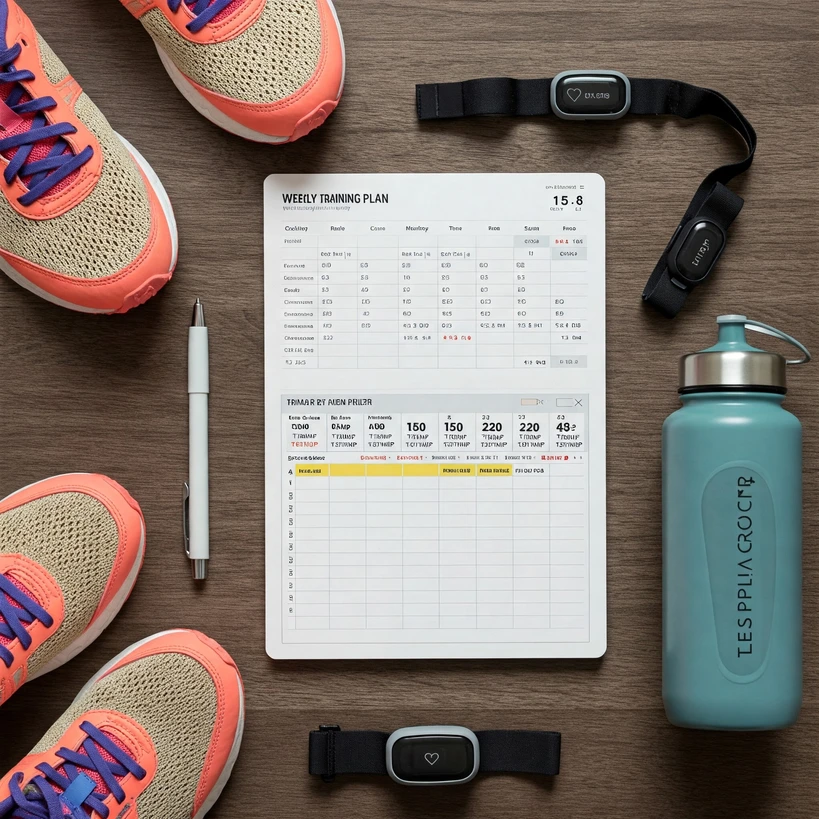 Ultimate TRIMP Guide: Training Impulse for Runners Explained 3 Flat lay illustration featuring a runner's journal or tablet displaying a weekly training plan with TRIMP scores assigned to different runs (e.g., Easy Run: 60 TRIMP, Intervals: 150 TRIMP, Long Run: 220 TRIMP). Include running shoes, a water bottle, and a heart rate monitor strap arranged neatly nearby. Top-down view, clean and organized style, emphasizing planning with data.