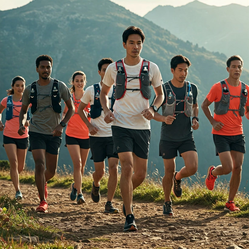  "Dynamic action shot of a diverse group of runners (male and female, different ethnicities) wearing different styles of modern running hydration vests on a scenic mountain trail during daytime, conveying energy and preparedness. Focus on the vests showing detail. Photorealistic style, vibrant colours, wide angle."