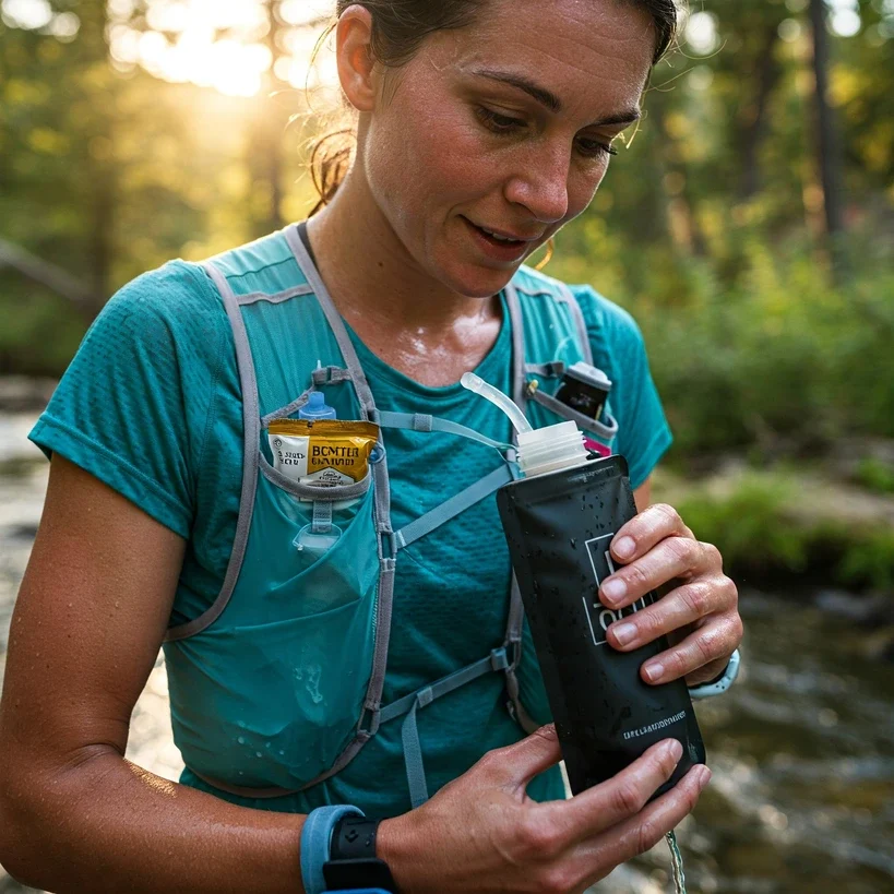 A trail ultrarunner refilling a hydration flask from a mountain stream while carrying energy gels and electrolyte tablets in a running vest, symbolizing nutrition and hydration strategy in an ultramarathon.