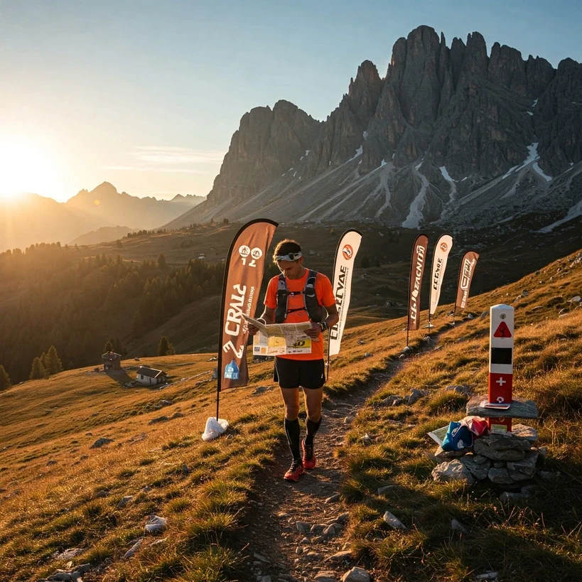 An inspiring wide shot of a trail runner checking a map at sunrise, surrounded by mountain peaks, race flags, and official race markers, symbolizing ultramarathon regulations and race structure.