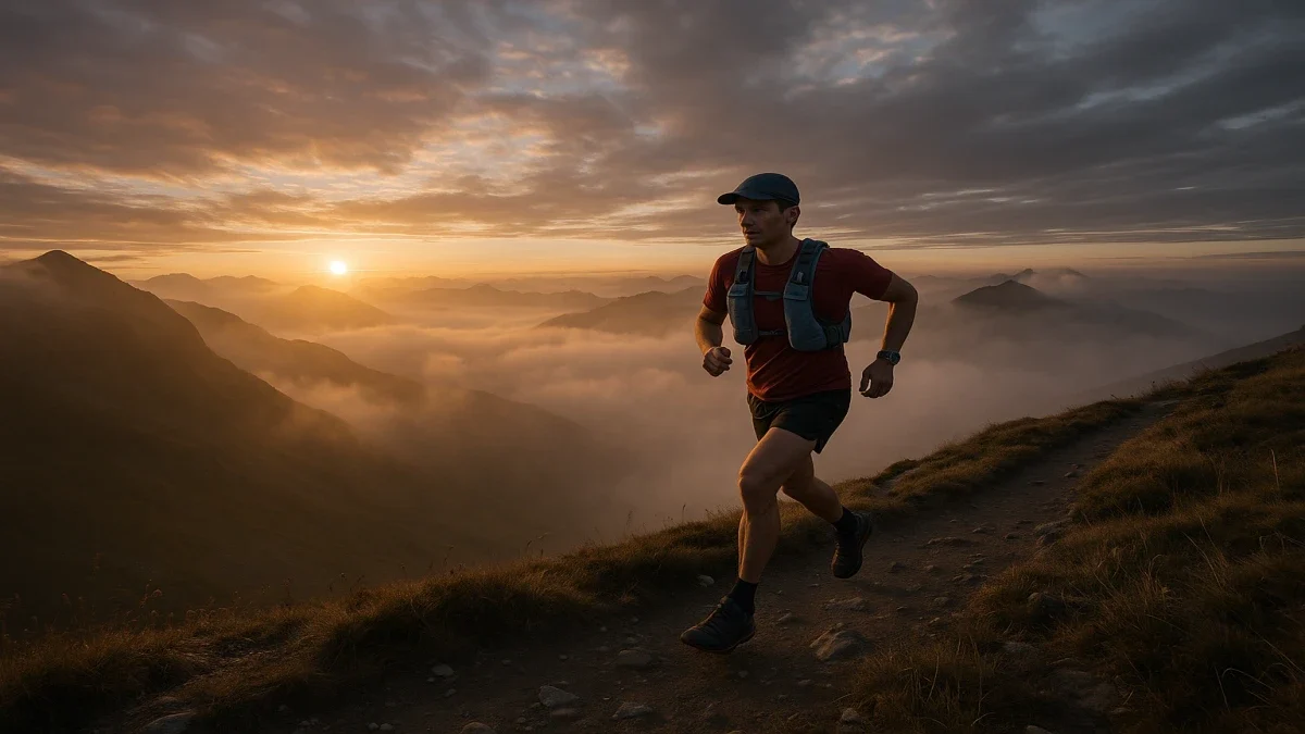 Endurance runner on a misty mountain trail at sunrise