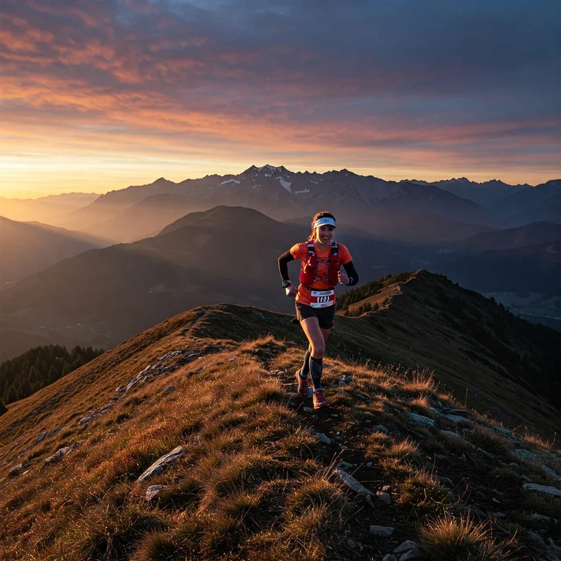 Ultramarathon runner crossing a dramatic mountain ridge at sunrise