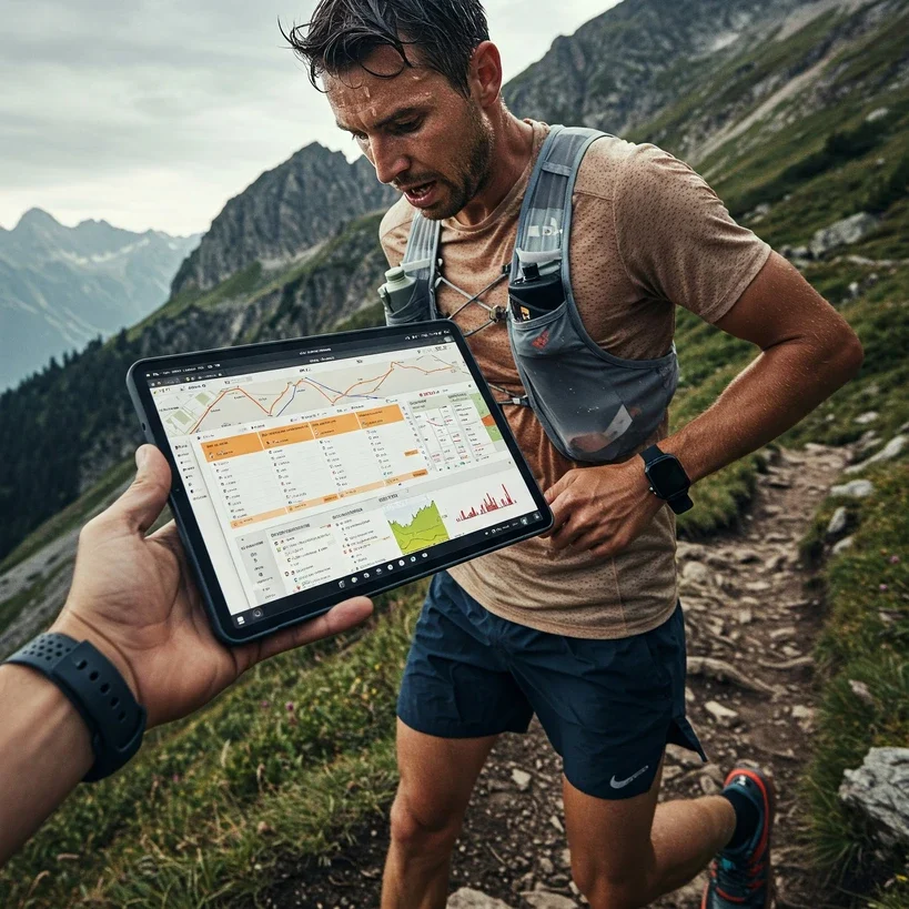 A determined endurance runner studying a detailed training schedule pinned on a wall, surrounded by trail shoes, hydration packs, and race bibs, symbolizing disciplined ultramarathon preparation.