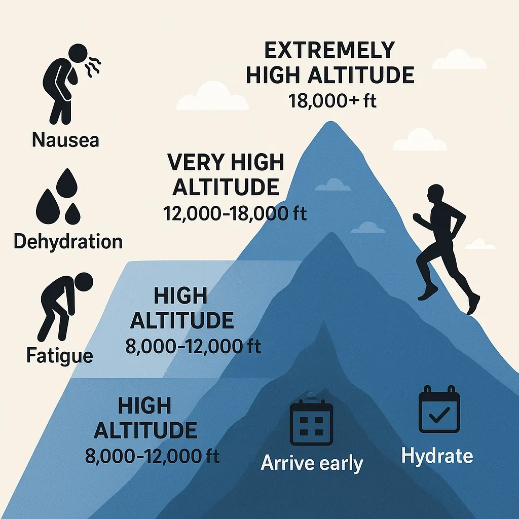 Flatlander’s Guide to Your First Mountain 100-Miler 3 A diagram showing altitude zones with icons for symptoms nausea dehydration fatigue acclimatization tips arrive early hydrate and a runne training for mountain ultra at sea level,high altitude ultramarathon training,mountain 100 mile race tips,technical trail ultra advice,how to run in thin air ultra