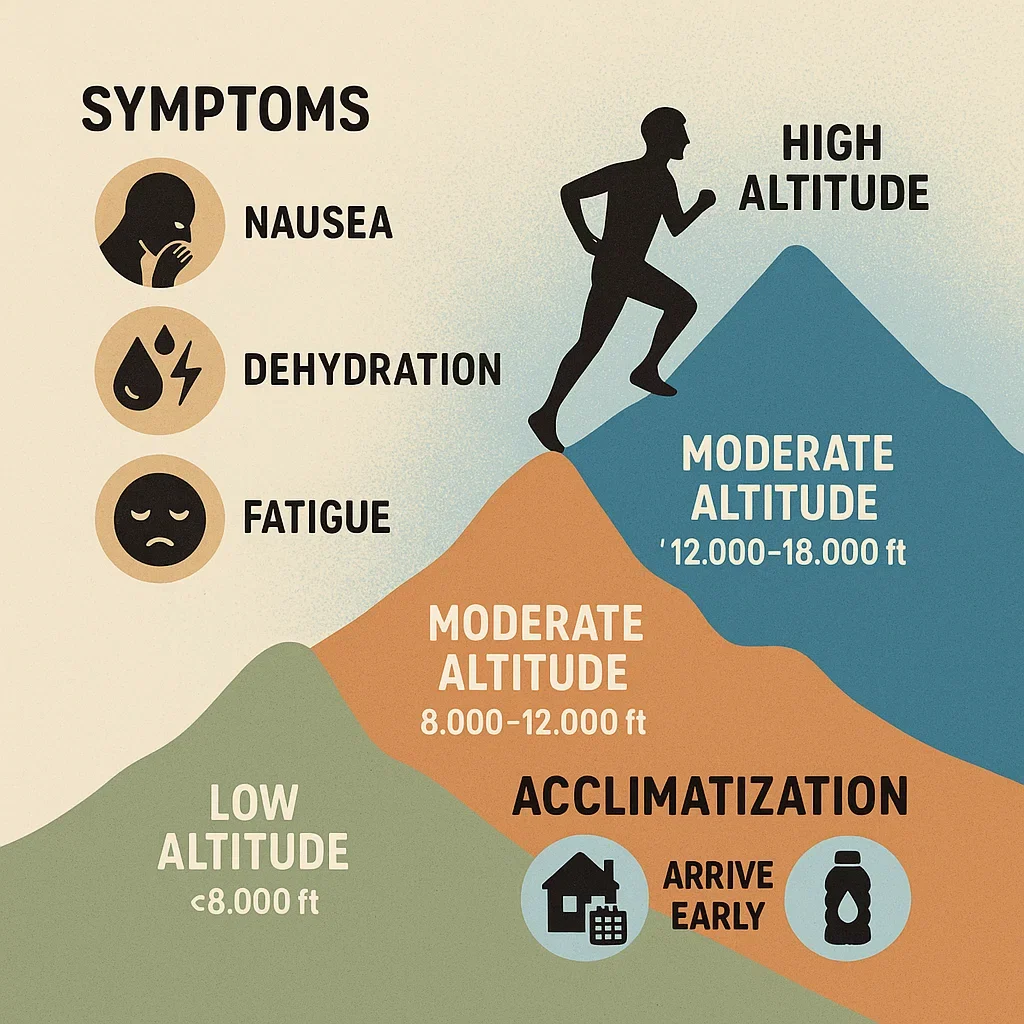 Flatlander’s Guide to Your First Mountain 100-Miler 5 A diagram showing altitude zones with icons for symptoms nausea dehydration fatigue acclimatization tips arrive early hydrate and a runner silho training for mountain ultra at sea level,high altitude ultramarathon training,mountain 100 mile race tips,technical trail ultra advice,how to run in thin air ultra