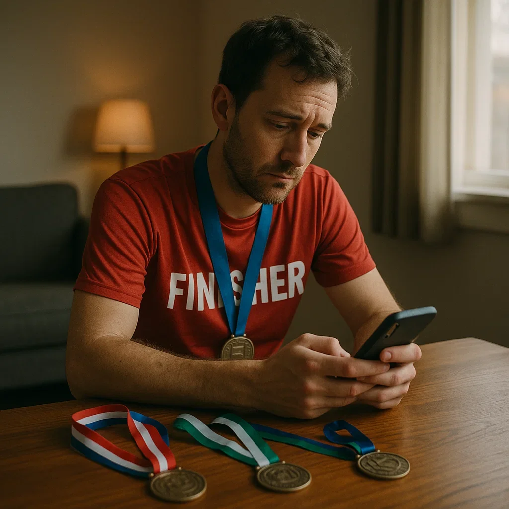 🎖️ Post-Ultra Blues: Why You Feel Down After a Big Race and How to Bounce Back 5 A finisher alone at home, medals on a table, looking a bit down or nostalgic, perhaps scrolling old race photos – capturing the emptiness after accomplishing a big goal.