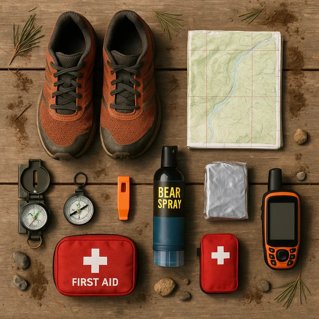 Wilderness Safety & Survival Tips for Ultramarathons and Fastpacking 5 A flat lay of essential ultrarunning wilderness survival gear neatly arranged on a rustic wooden su ultramarathon safety wilderness survival,trail running safety remote,wildlife safety trail runners,what to do lost during ultra run,fastpacking survival skills.