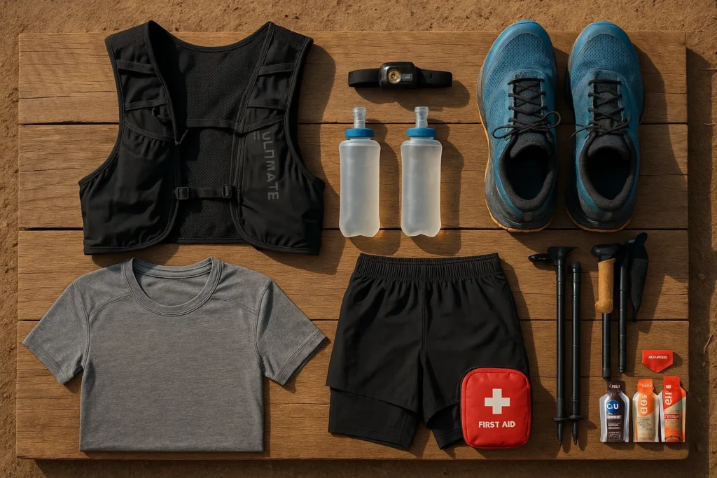 100-Mile Ultramarathon Gear Checklist 🏕️ (Ultralight Edition) 4 A flat lay of ultralight trail running gear for a 100 mile ultramarathon including hydration vest soft flasks trail shoes headlamp technical apparel trekking poles e ultralight gear checklist 100 mile ultra,100 mile race gear list,what to pack for 100-mile ultramarathon,ultralight gear for trail ultra,mandatory gear 100mi race
