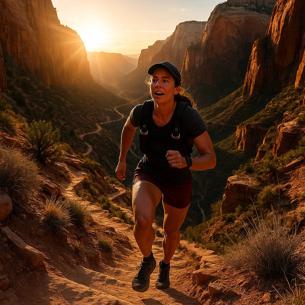 A lone female runner ascending the final switchbacks of the Zion Traverse at golden hour best ultra trail routes multi-day USA,best fastpacking routes US,epic trail runs America multi-day,ultramarathon routes not races,bucket list trail runs US